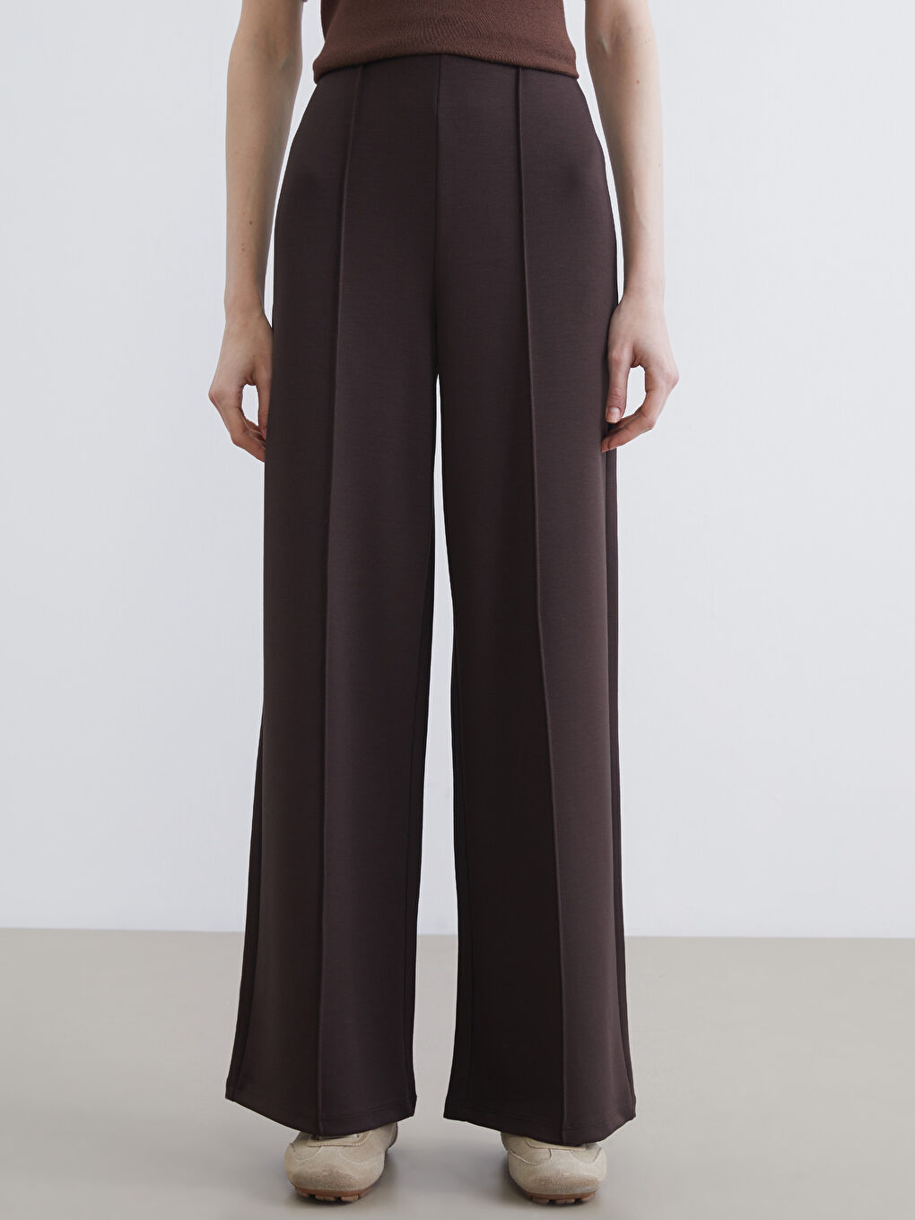 Kahverengi Yüksek Bel Geniş Paça Kadın Pantolon-1