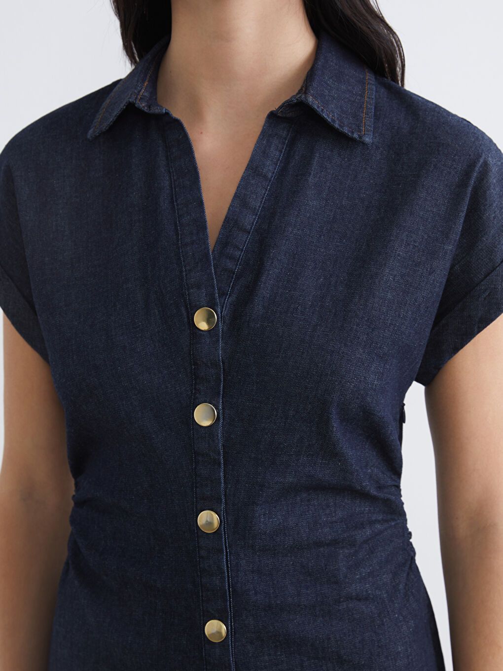 İndigo Gömlek Yaka Belden Oturtmalı Jean Elbise-2