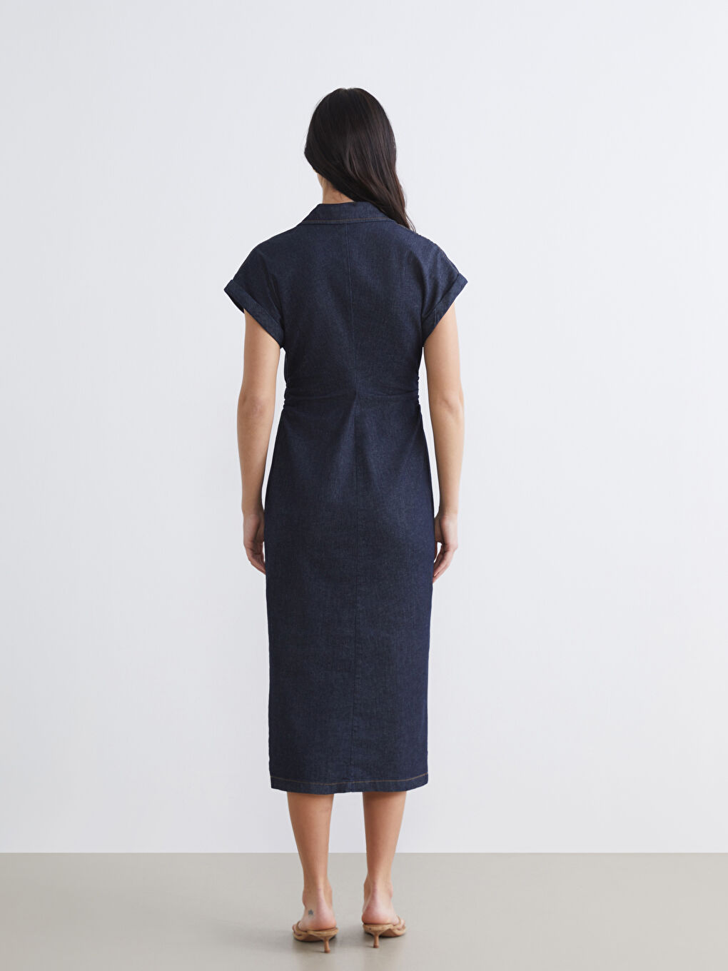İndigo Gömlek Yaka Belden Oturtmalı Jean Elbise-3