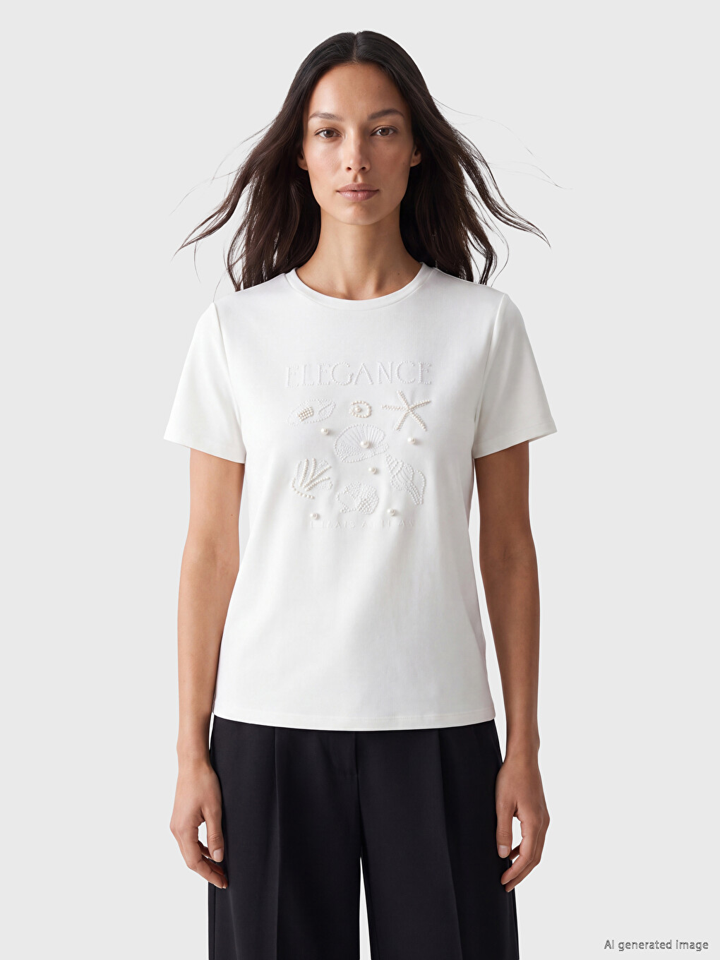 Crew Neck Embroidered Pearl Detailed Women's T-shirt