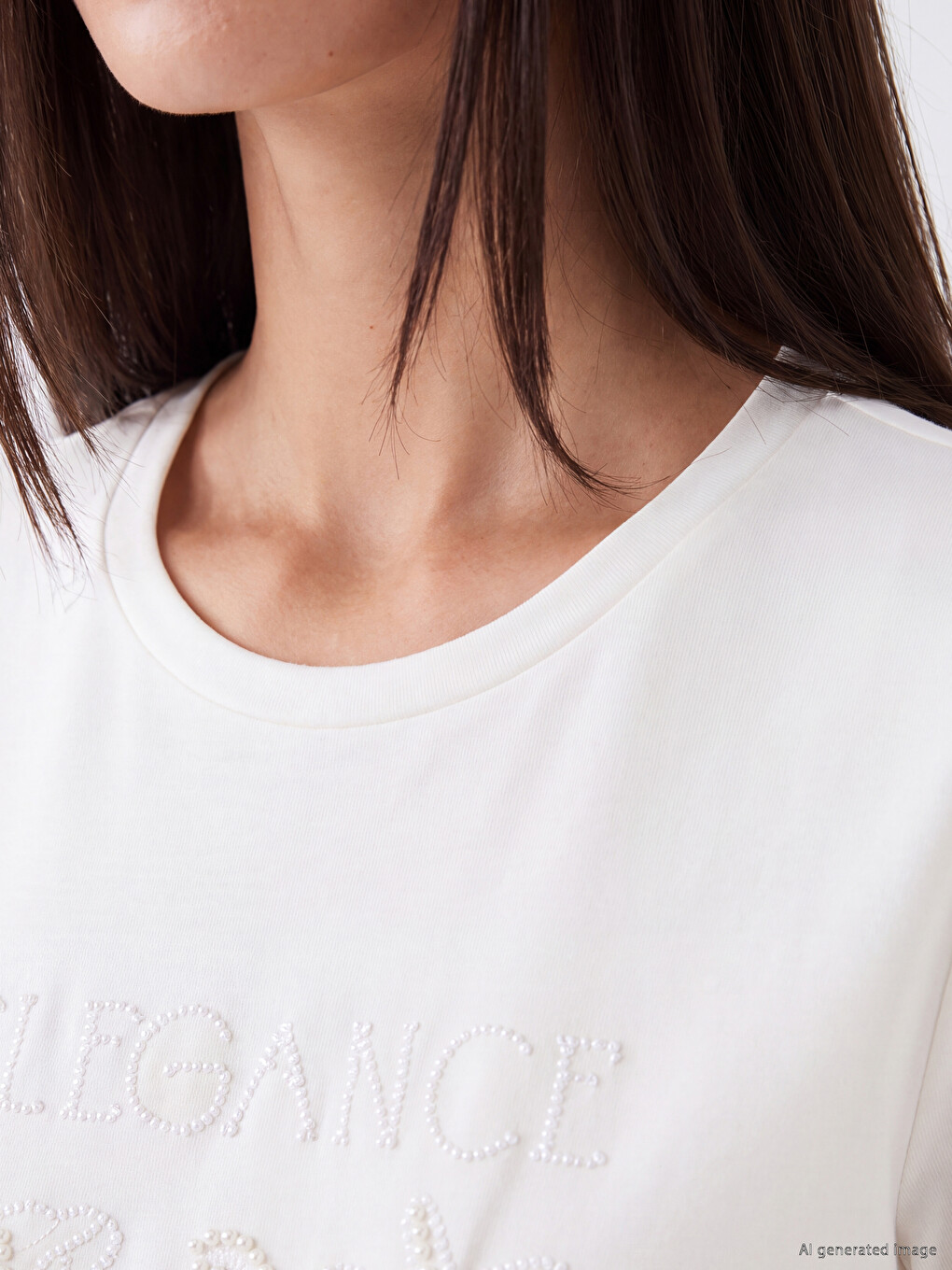 Crew Neck Embroidered Pearl Detailed Women's T-shirt-2