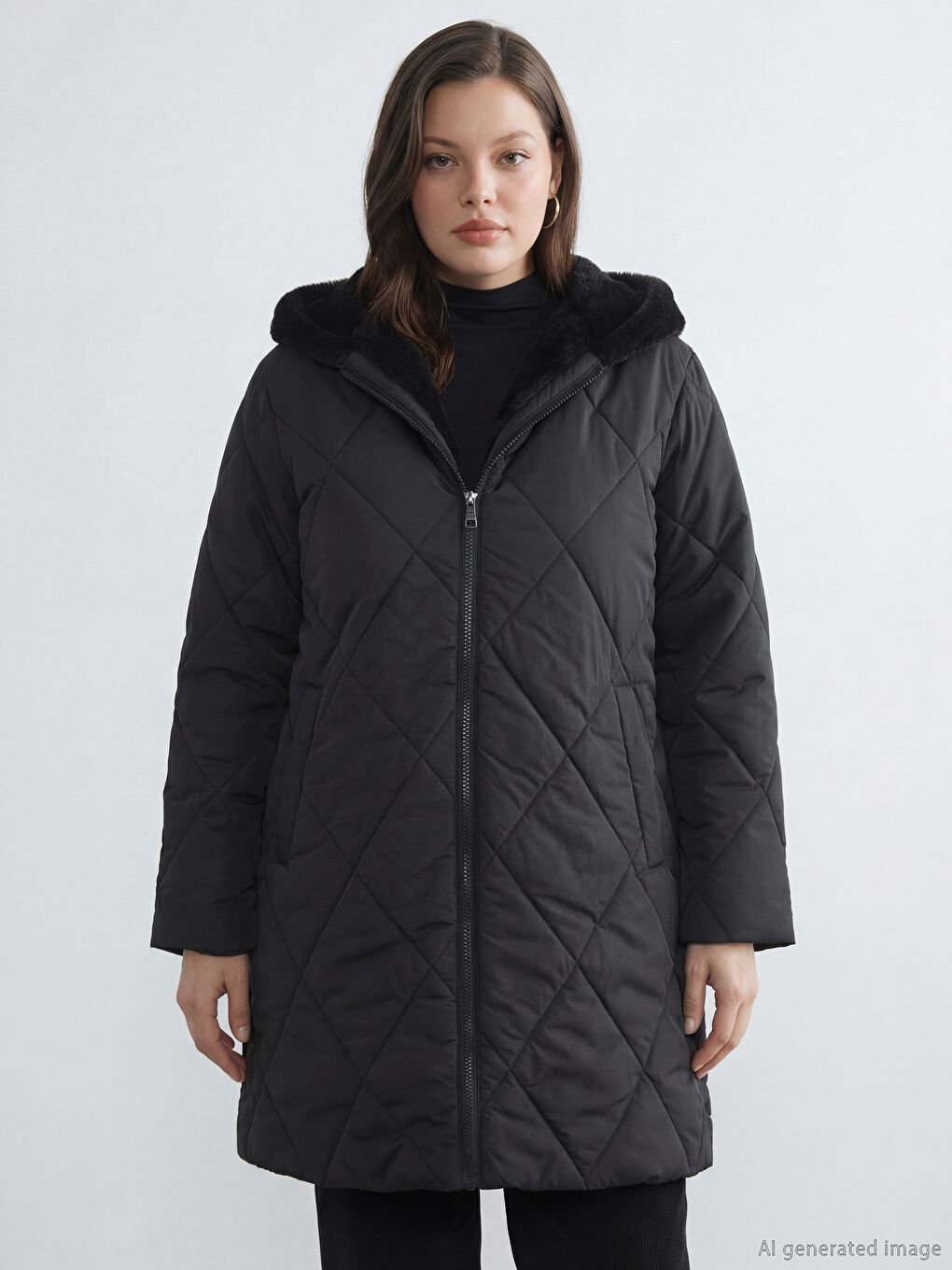 Siyah Kürk Kapüşonlu Kapitone Kadın Şişme Mont-1