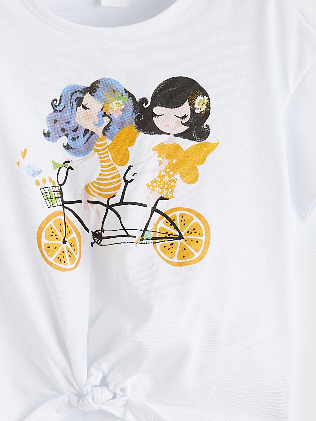 Beyaz Bisiklet Yaka Baskılı Kız Çocuk Tişört-2