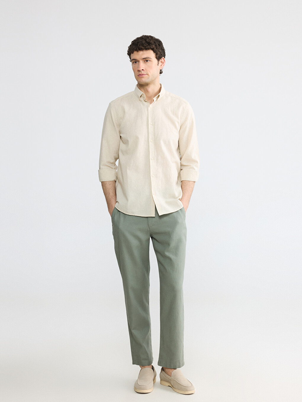 Regular Fit Keten Karışımlı Erkek Pantolon-1