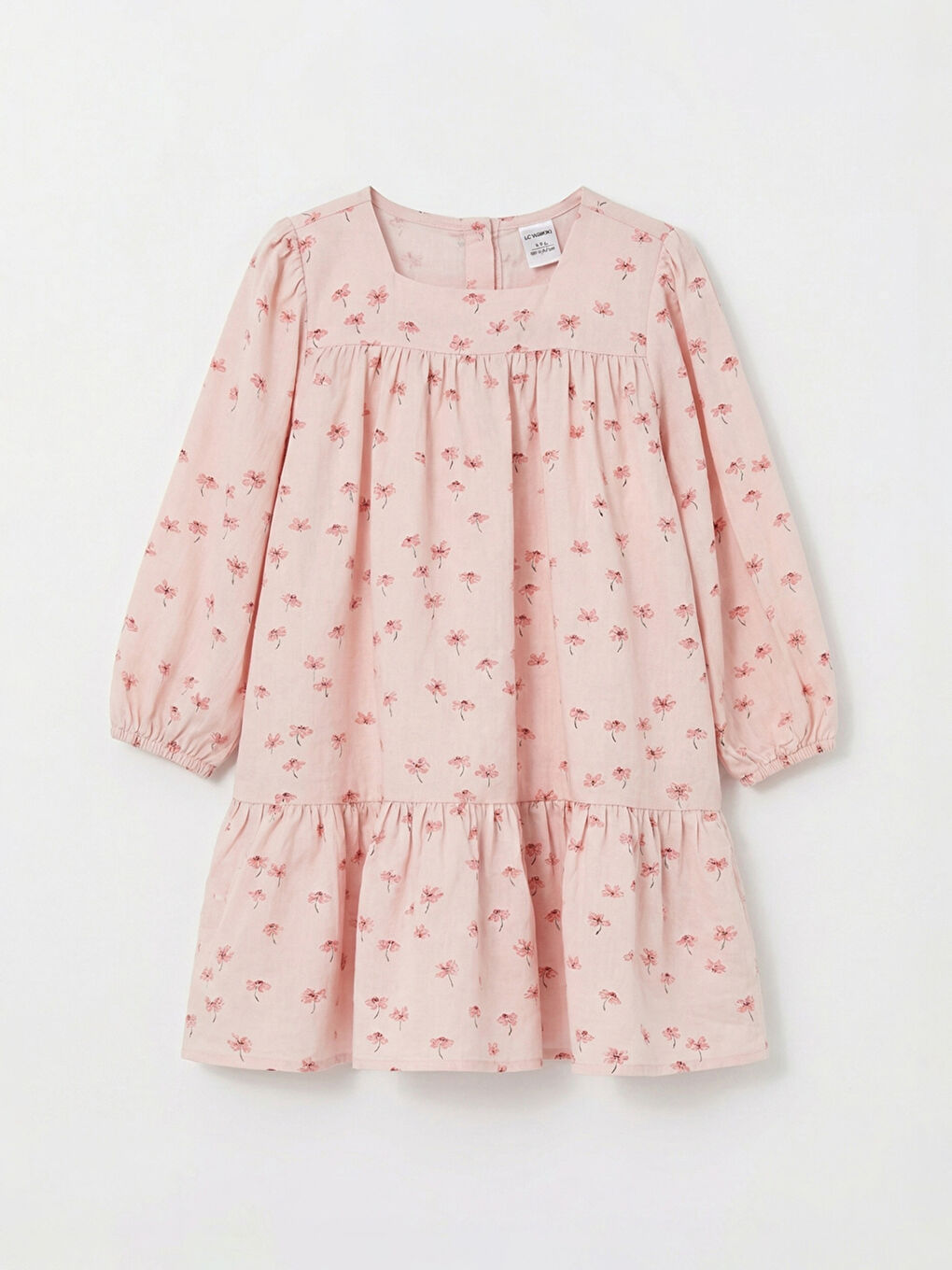 Pembe Kare Yaka Çiçekli Kız Çocuk Elbise