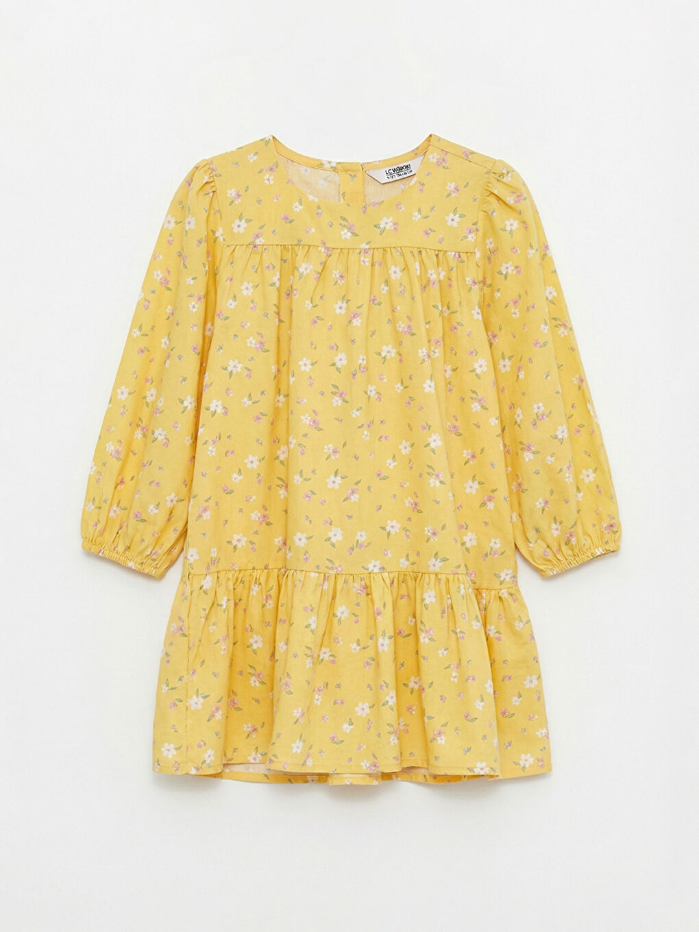 Sarı Kare Yaka Çiçekli Kız Çocuk Elbise