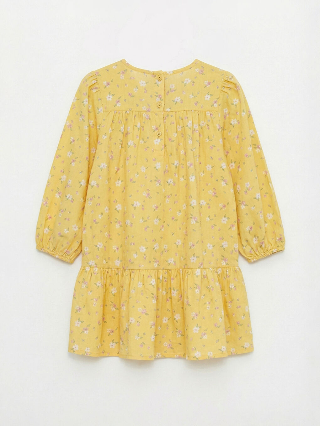 Sarı Kare Yaka Çiçekli Kız Çocuk Elbise-1