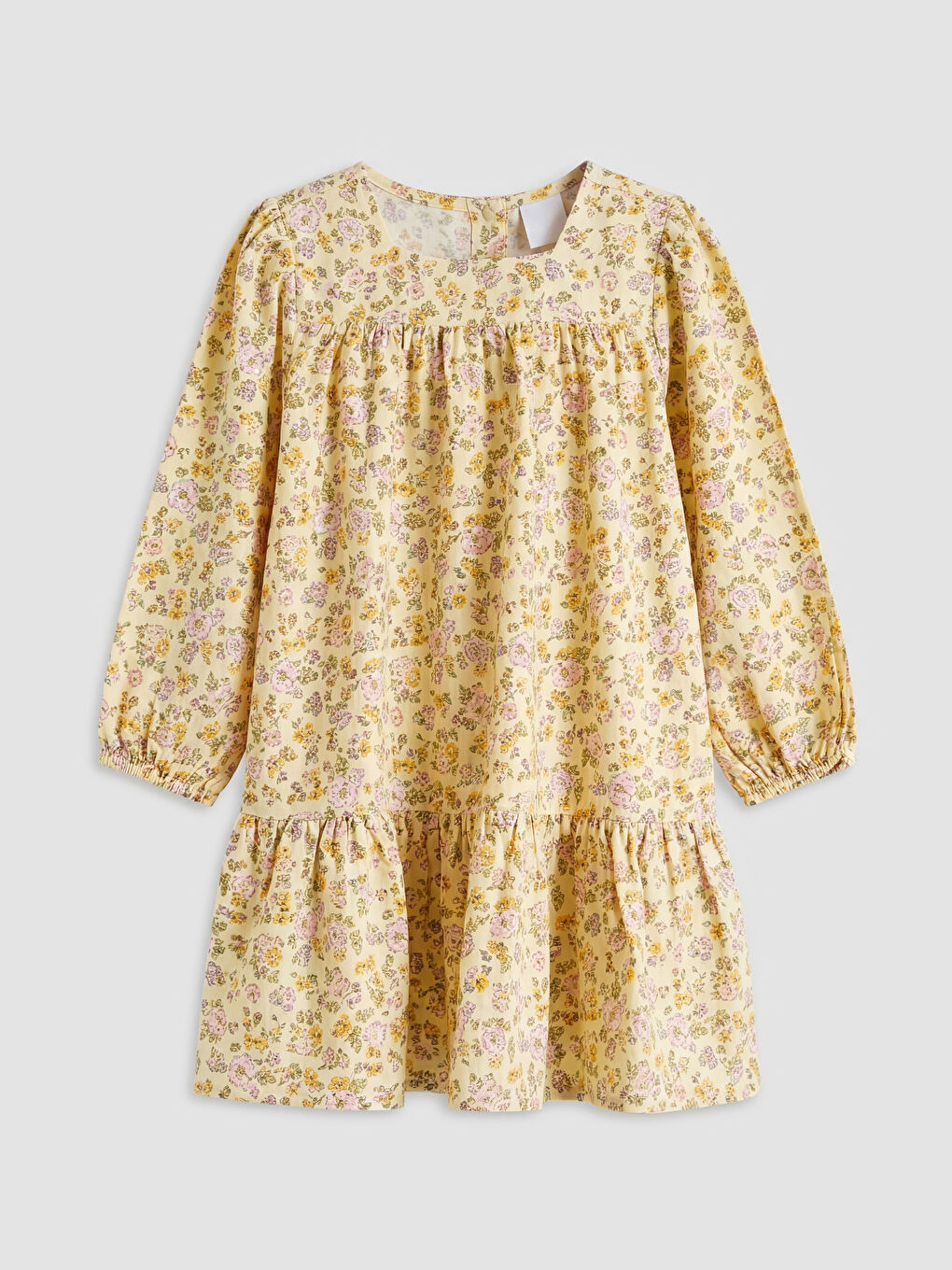 Sarı Kare Yaka Çiçekli Kız Çocuk Elbise