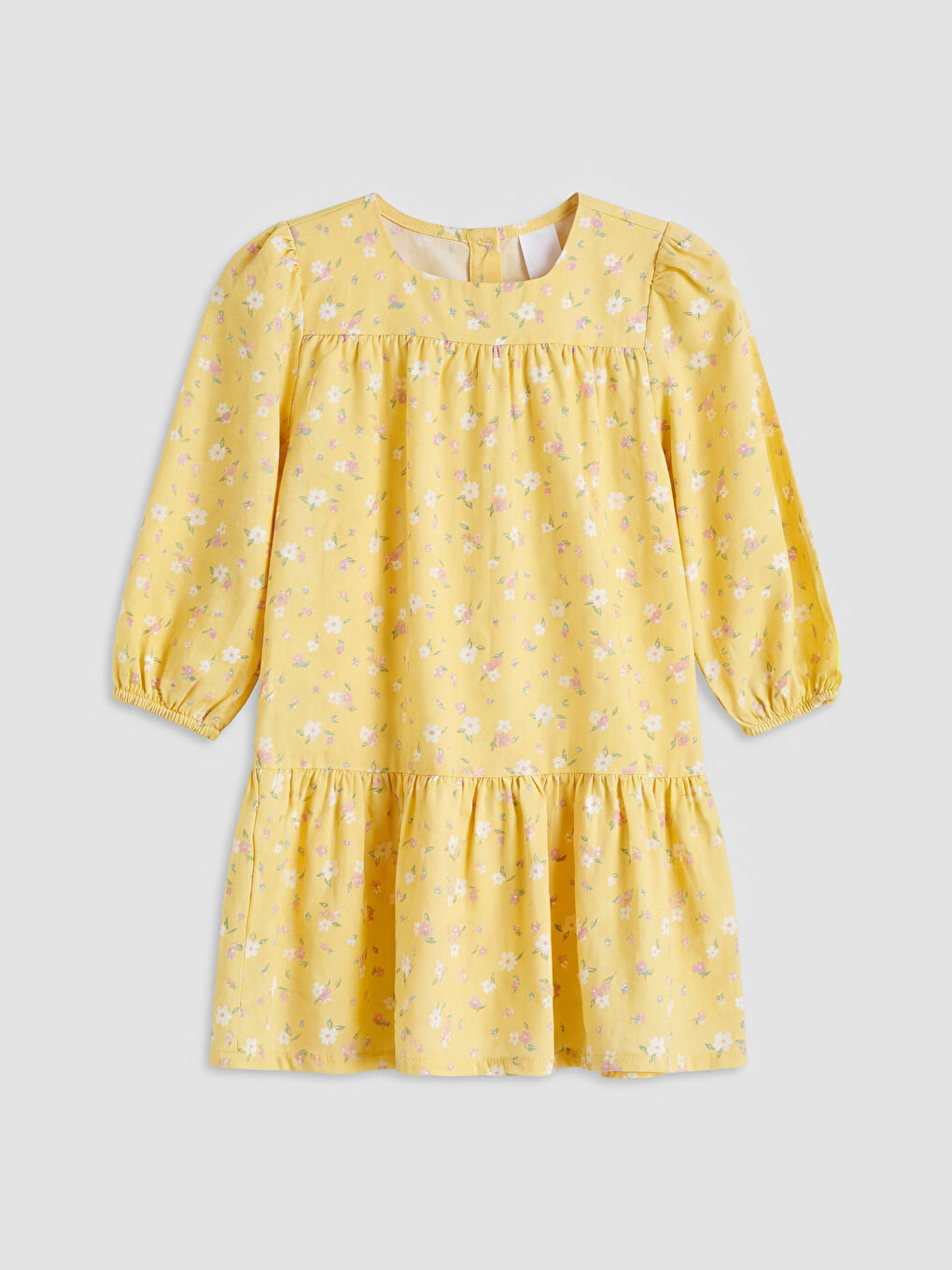Sarı Kare Yaka Çiçekli Kız Çocuk Elbise