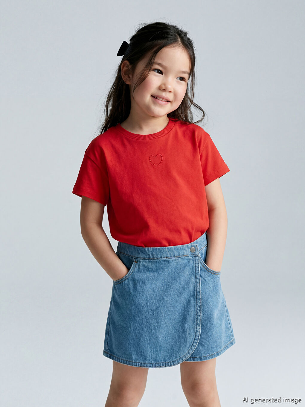 Kırmızı Nakışlı Kız Çocuk Tişört