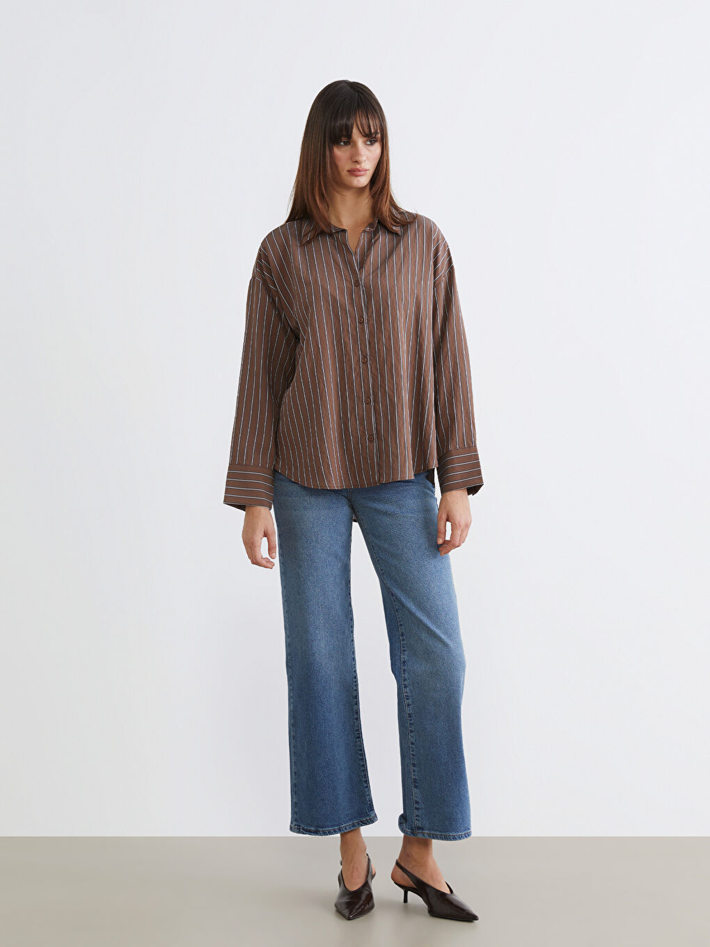 Kahverengi Çizgili Oversize Kadın Gömlek-1