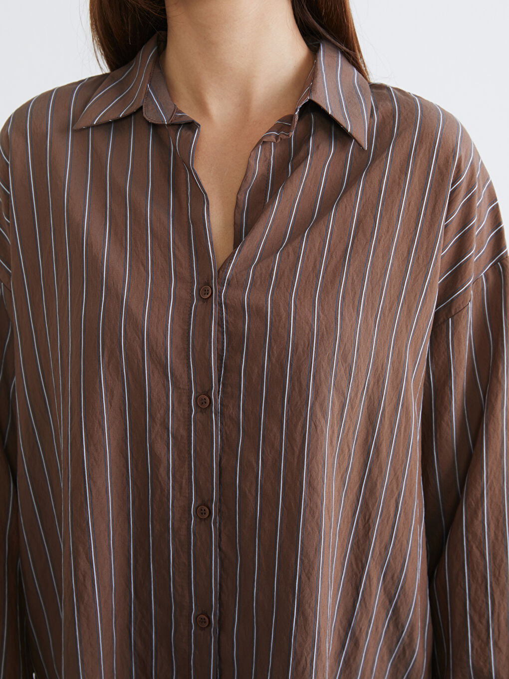 Kahverengi Çizgili Oversize Kadın Gömlek-2