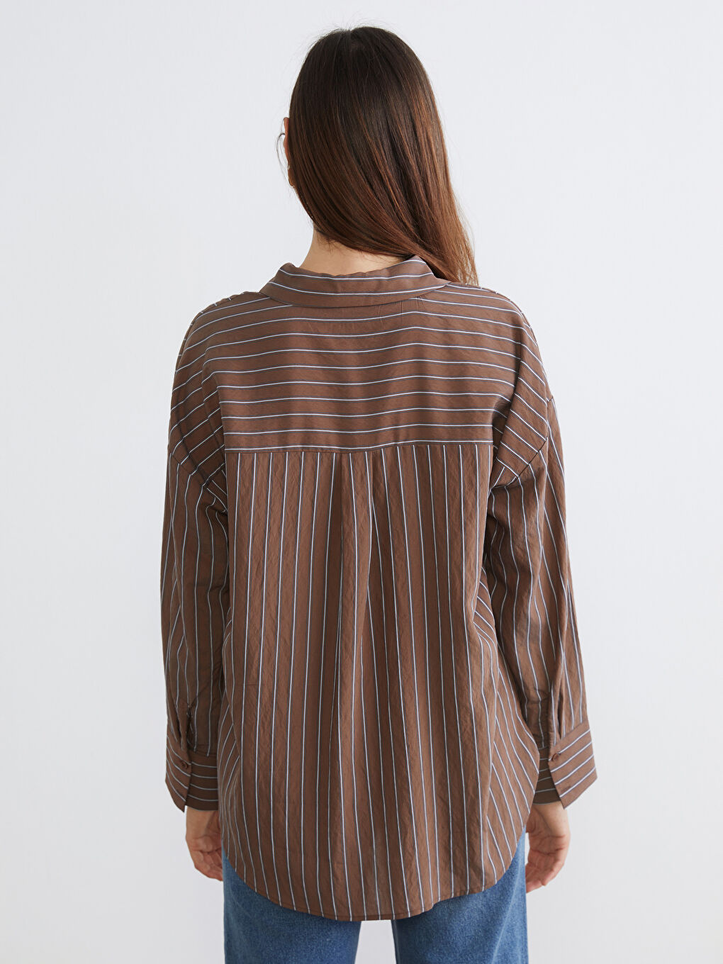 Kahverengi Çizgili Oversize Kadın Gömlek-3