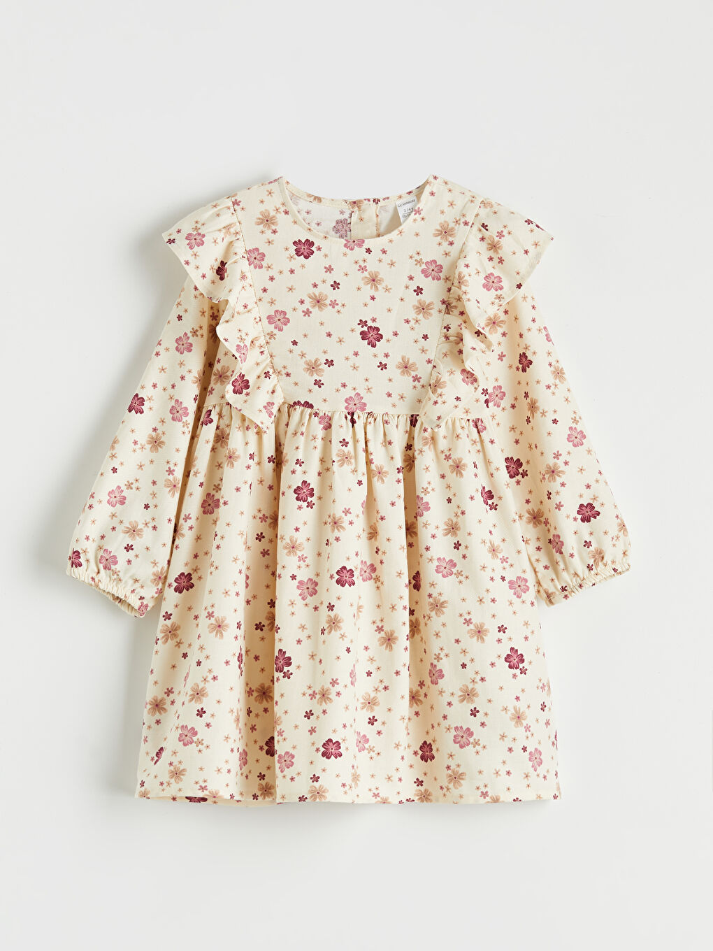 Ekru Çiçek Desenli Fırfırlı Kız Çocuk Pamuklu Elbise
