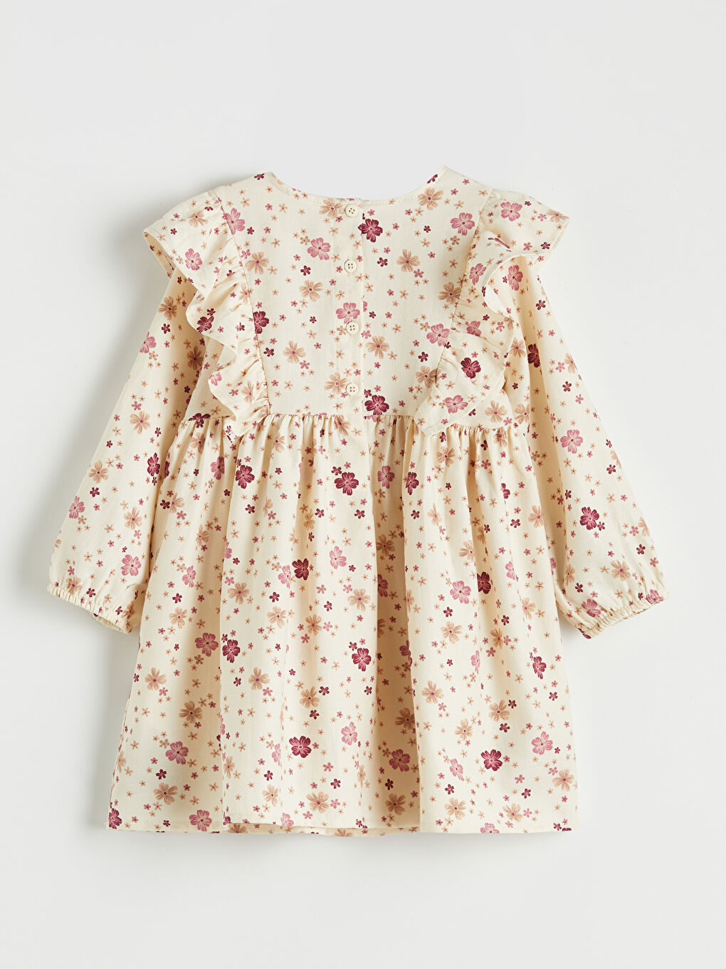 Ekru Çiçek Desenli Fırfırlı Kız Çocuk Pamuklu Elbise-1