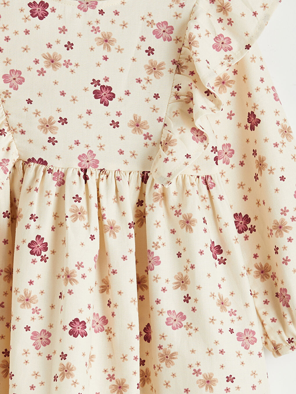 Ekru Çiçek Desenli Fırfırlı Kız Çocuk Pamuklu Elbise-2