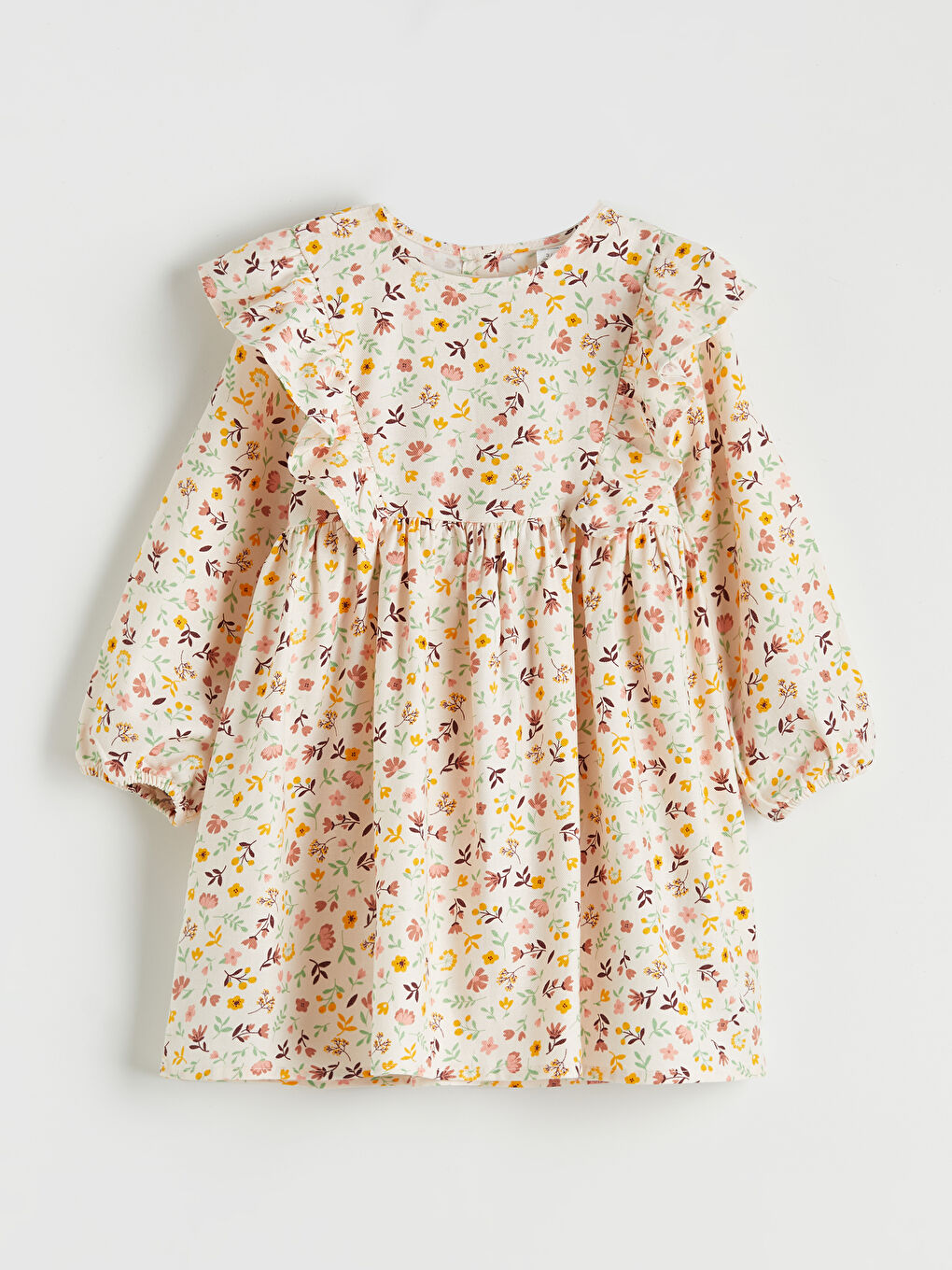 Ekru Çiçek Desenli Fırfırlı Kız Çocuk Pamuklu Elbise