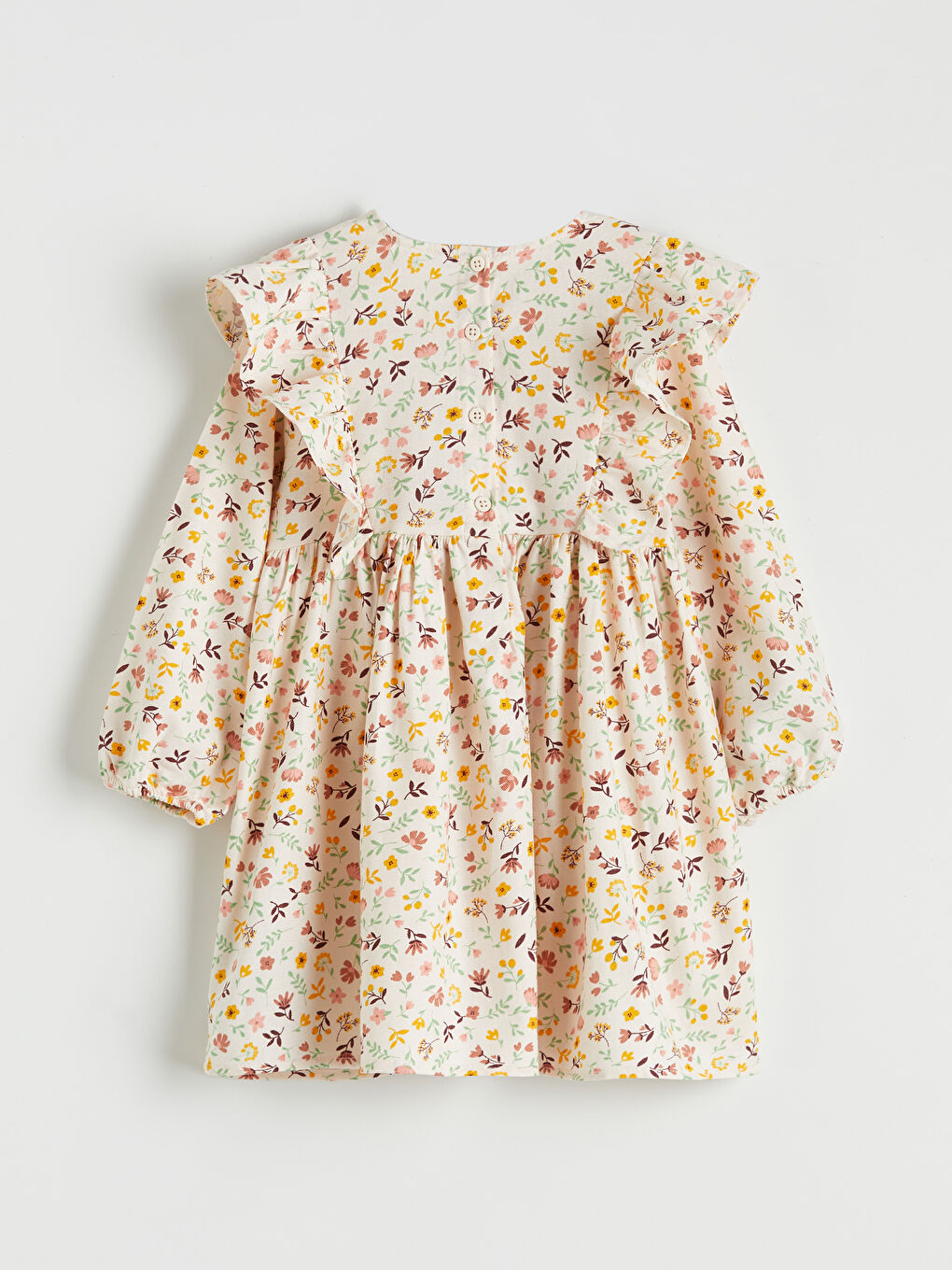 Ekru Çiçek Desenli Fırfırlı Kız Çocuk Pamuklu Elbise-1
