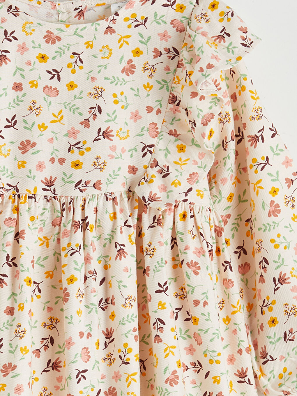 Ekru Çiçek Desenli Fırfırlı Kız Çocuk Pamuklu Elbise-2