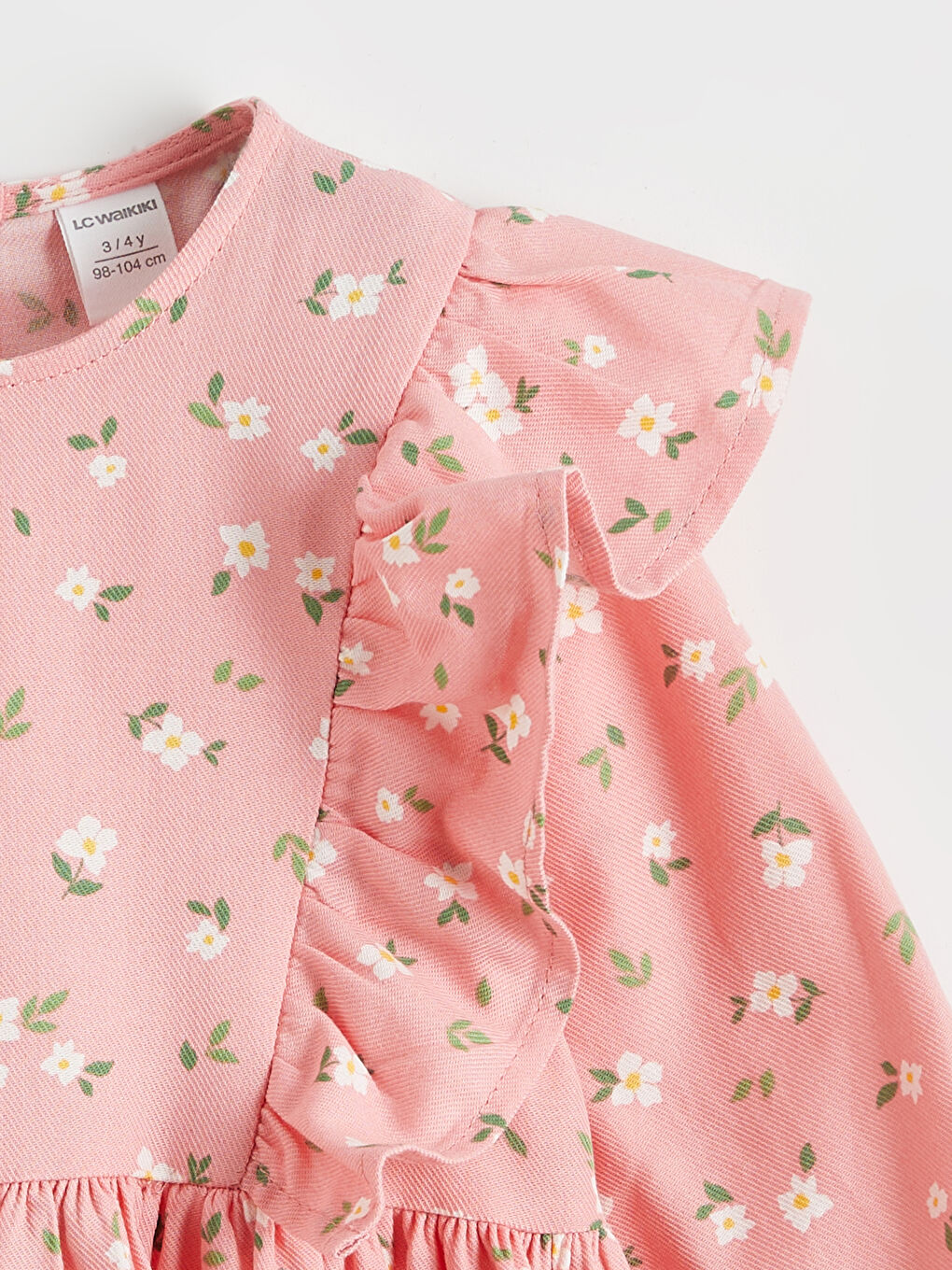 Pembe Çiçek Desenli Fırfırlı Kız Çocuk Pamuklu Elbise-1