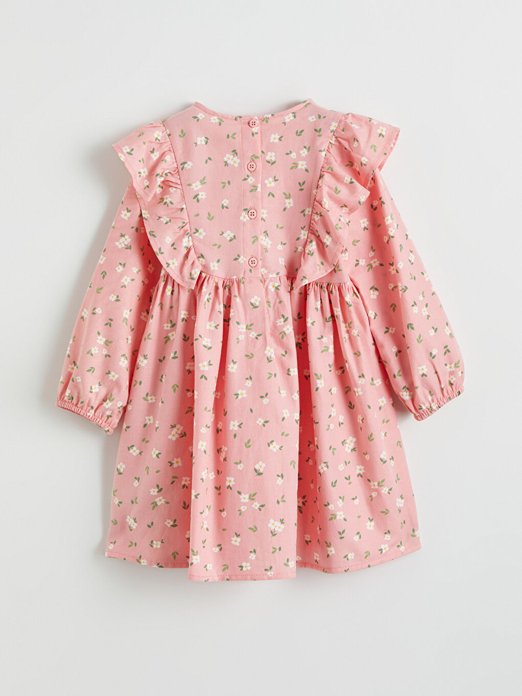 Pembe Çiçek Desenli Fırfırlı Kız Çocuk Pamuklu Elbise-2