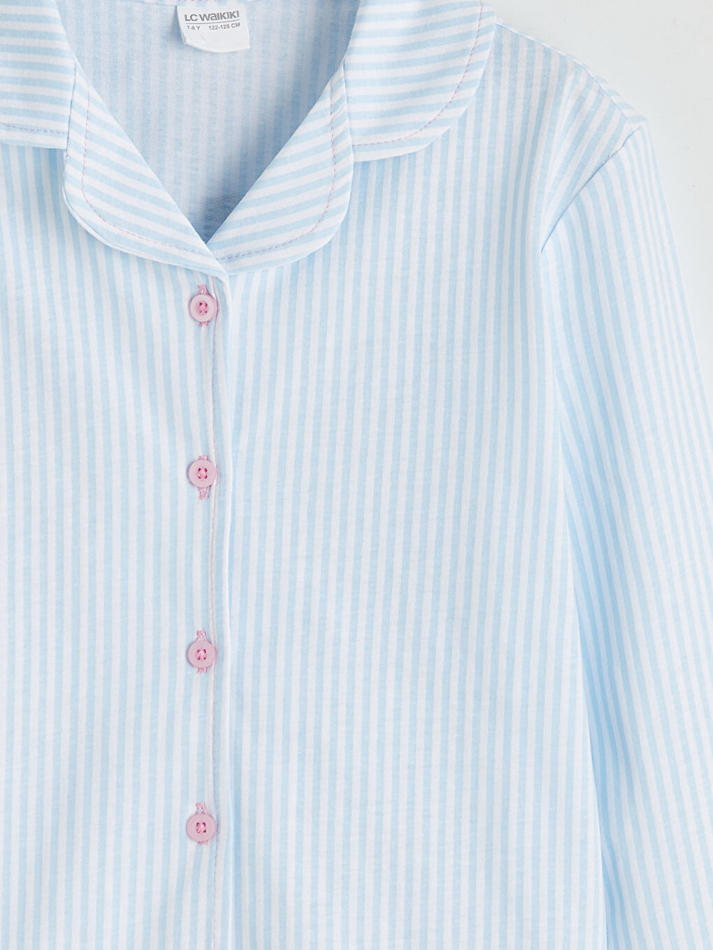 Beyaz Çizgili Gömlek Yaka Kız Çocuk Pijama Takım-5