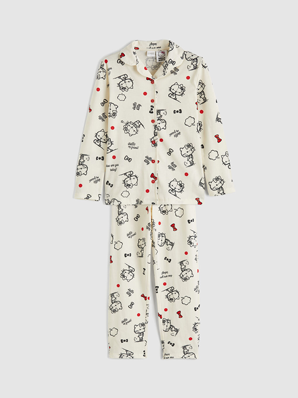 Ekru Gömlek Yaka Hello Kitty Baskılı Kız Çocuk Pijama Takım