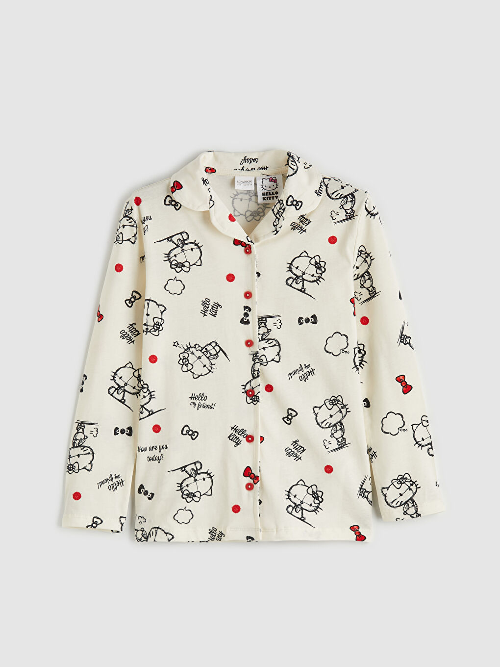 Ekru Gömlek Yaka Hello Kitty Baskılı Kız Çocuk Pijama Takım-1