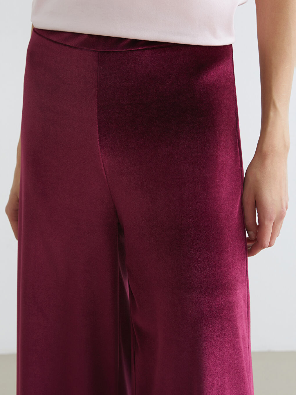 Bordo Beli Lastikli Geniş Paça Kadın Kadife Pantolon	-2