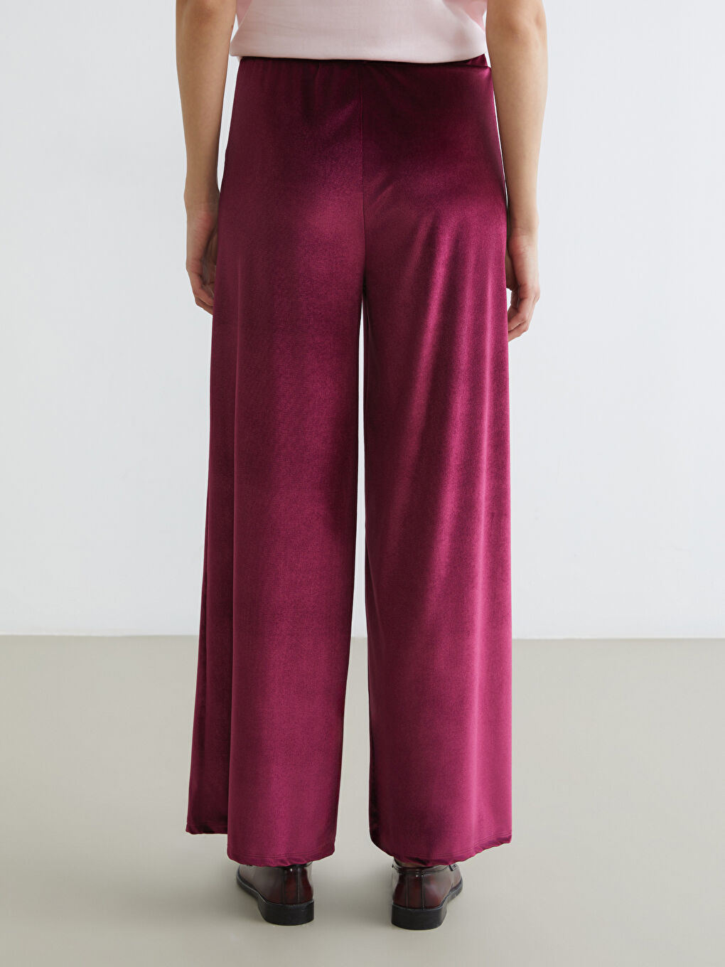 Bordo Beli Lastikli Geniş Paça Kadın Kadife Pantolon	-3