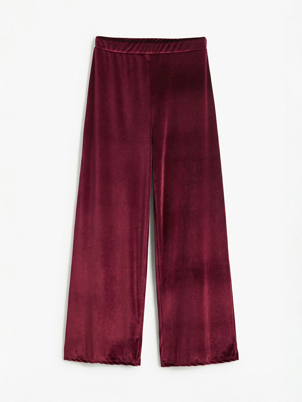 Bordo Beli Lastikli Geniş Paça Kadın Kadife Pantolon	-4