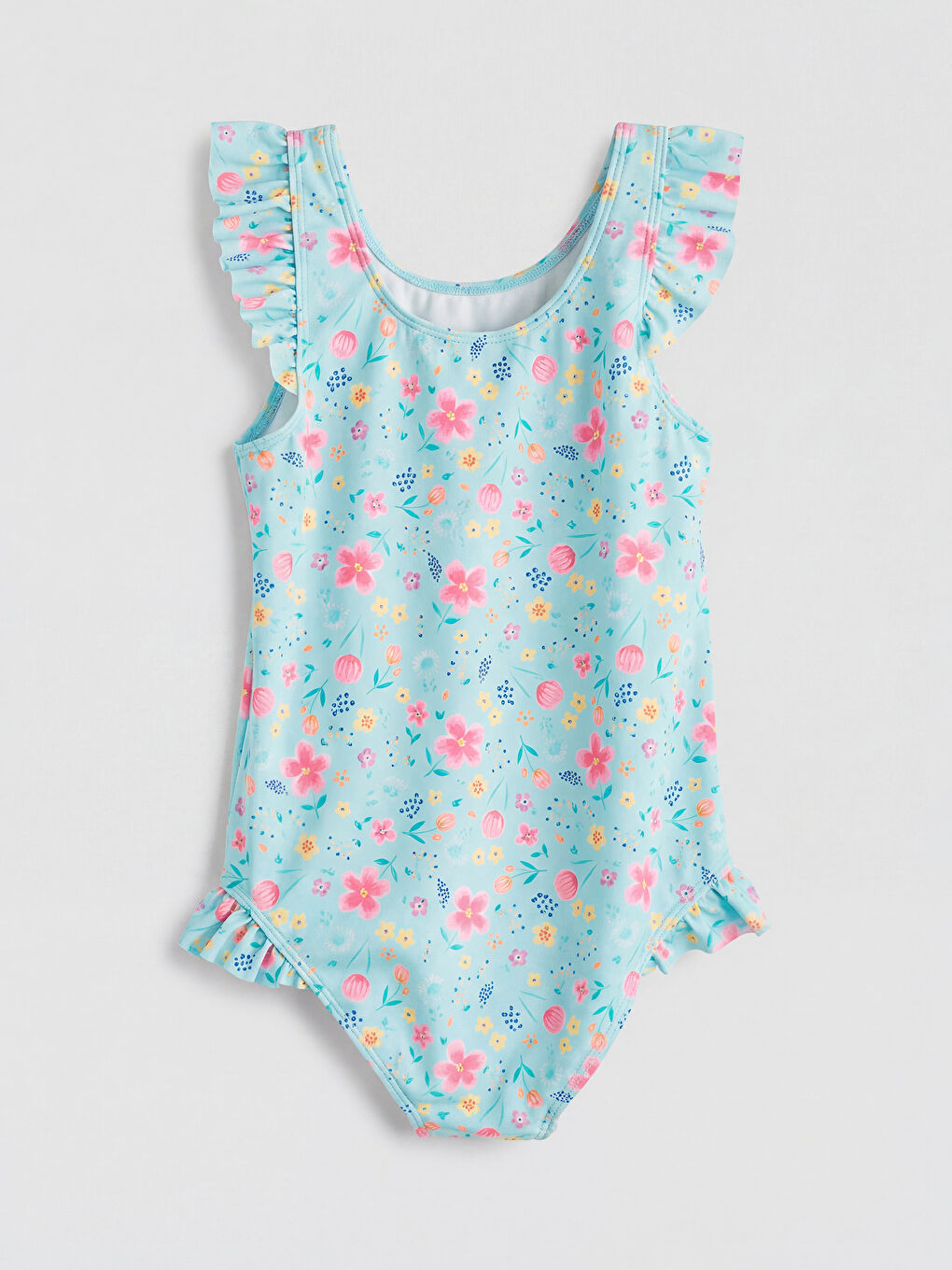 Turkuaz Fırfır Detaylı Çiçek Desenli Kız Çocuk Mayo