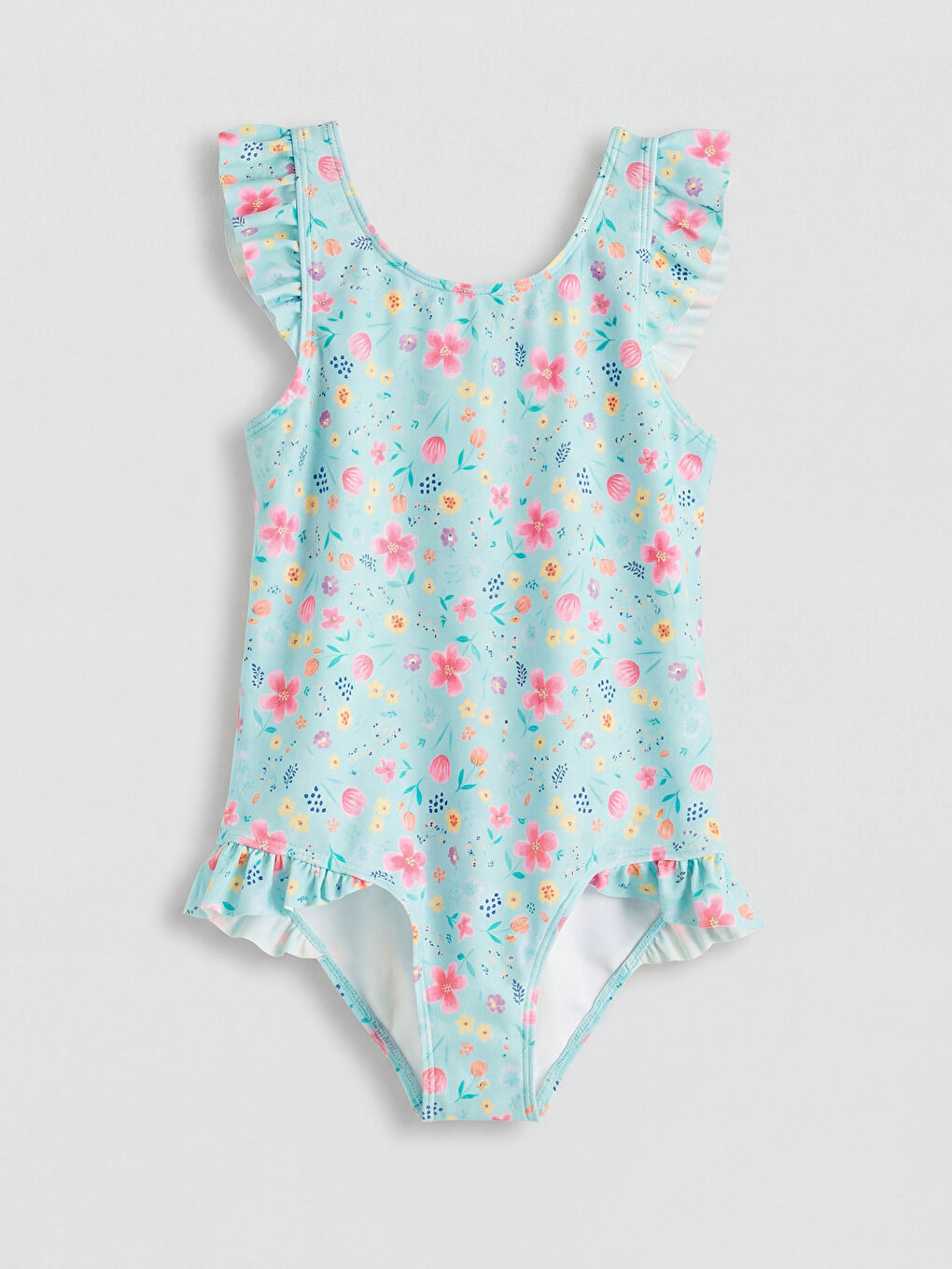 Turkuaz Fırfır Detaylı Çiçek Desenli Kız Çocuk Mayo-1