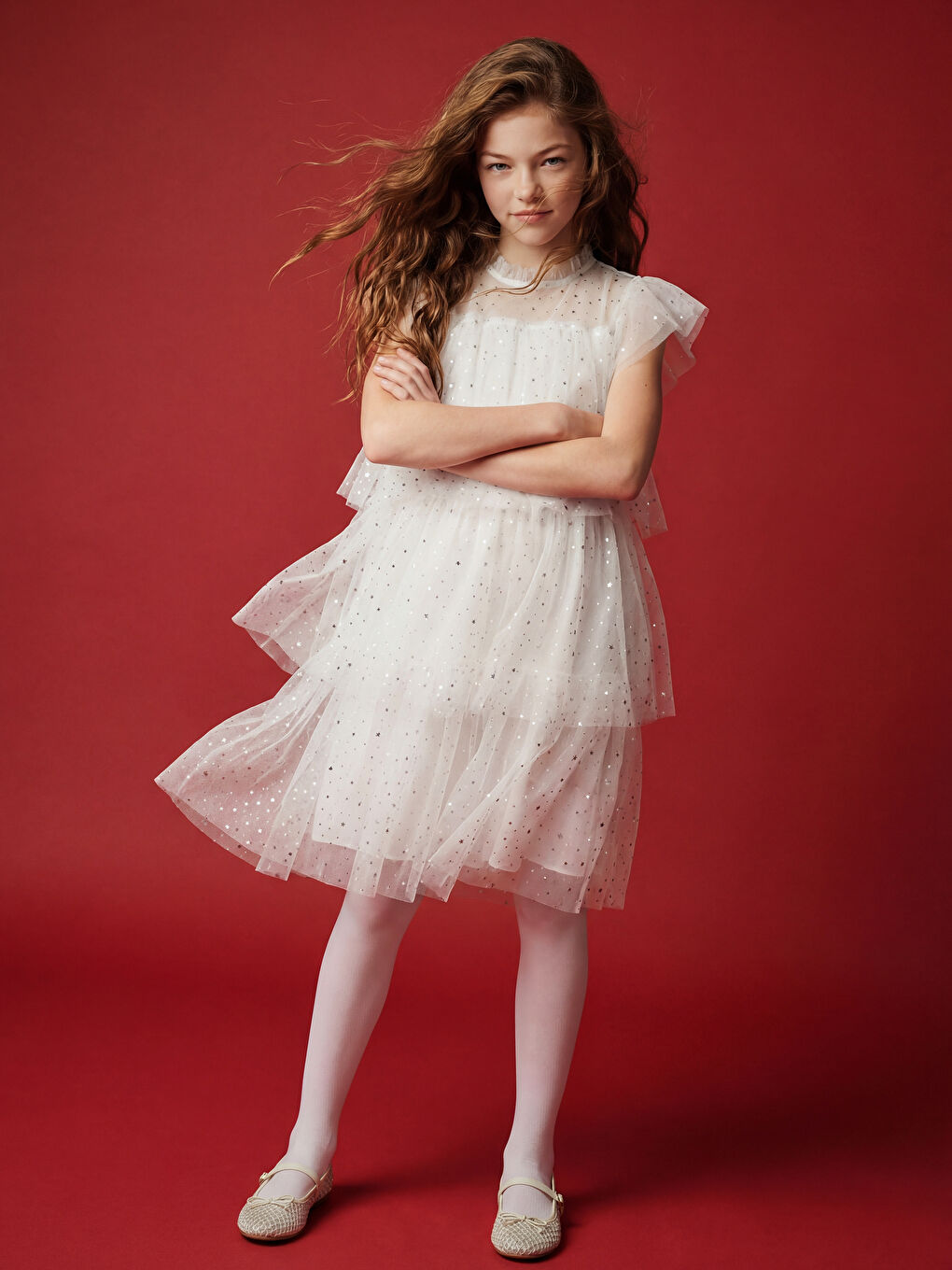 қатпарлы жағалы қыздарға арналған қабатталған тюль көйлек-1