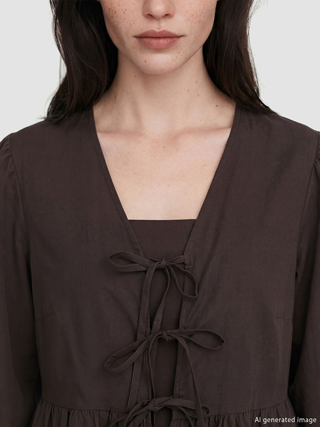 Kahverengi V Yaka Fiyonklu Bağlamalı Bluz-2