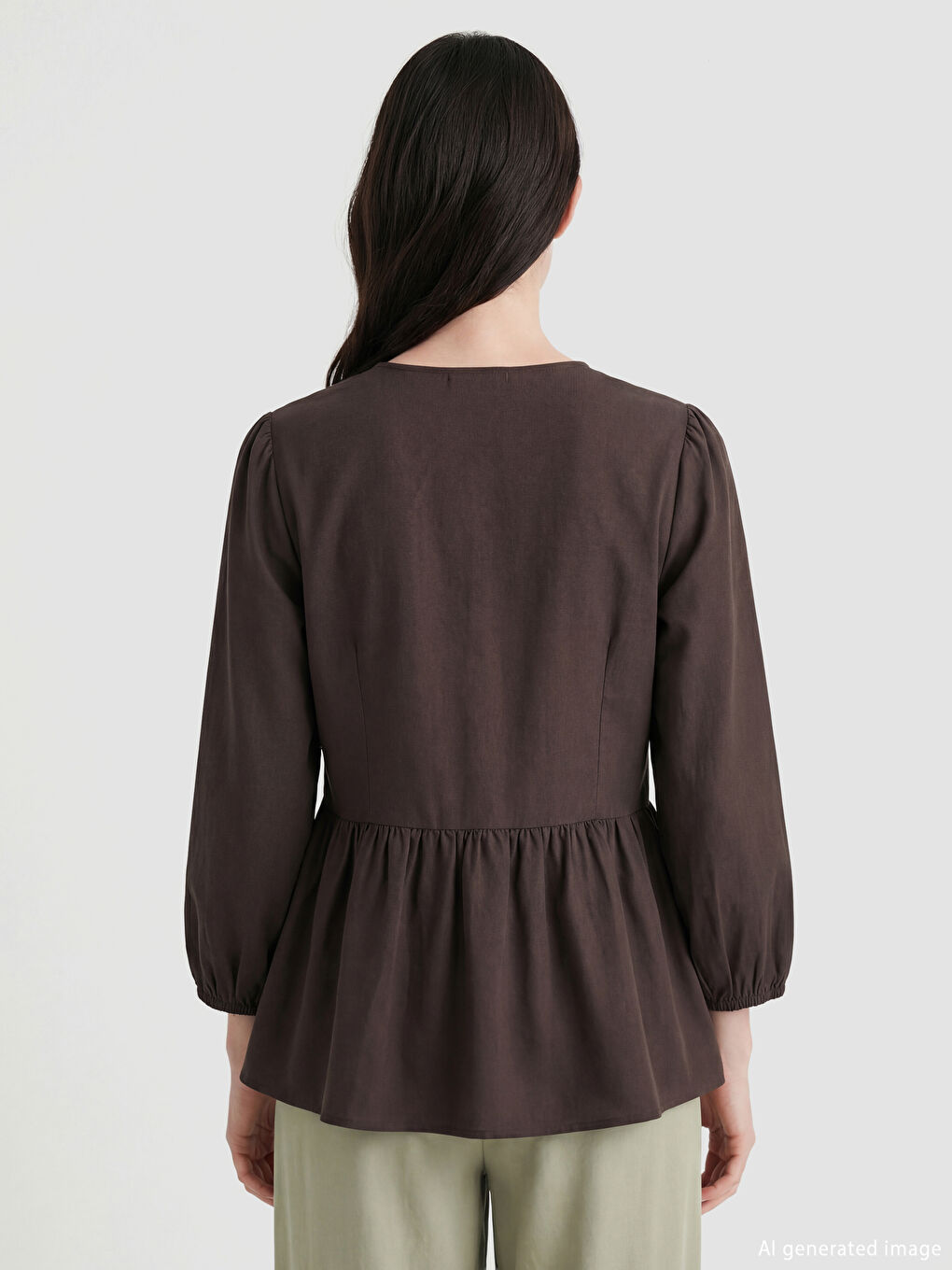 Kahverengi V Yaka Fiyonklu Bağlamalı Bluz-3