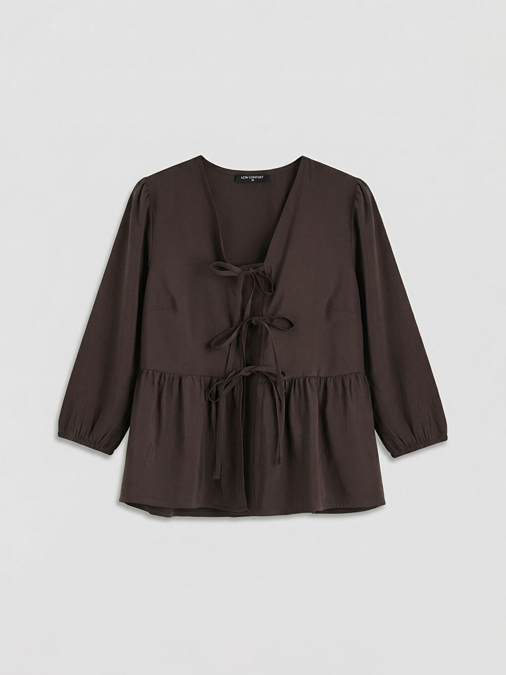 Kahverengi V Yaka Fiyonklu Bağlamalı Bluz