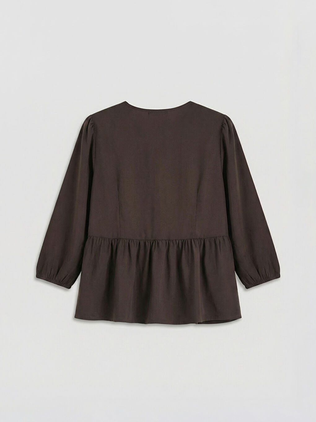 Kahverengi V Yaka Fiyonklu Bağlamalı Bluz-1