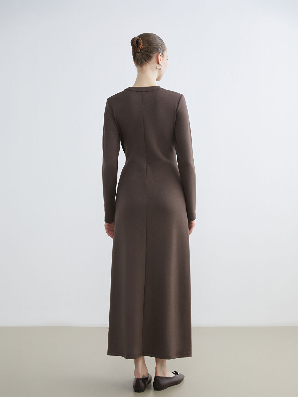 Kahverengi Bisiklet Yaka Beli Bağlamalı Elbise-3