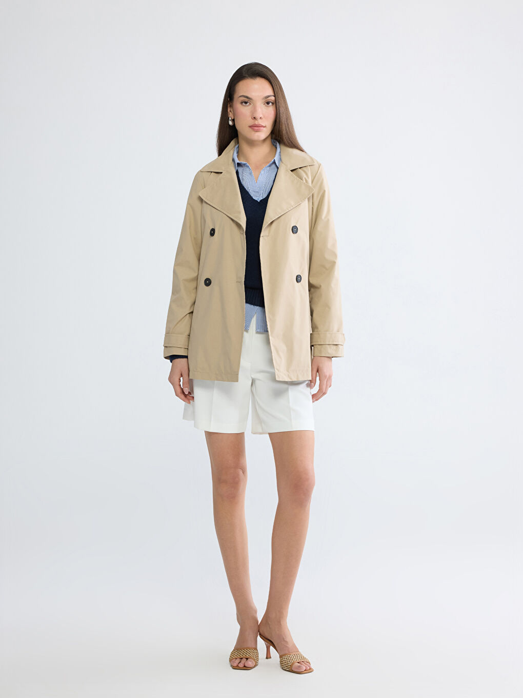 Bej Kruvaze Yaka Kadın Trençkot	-1