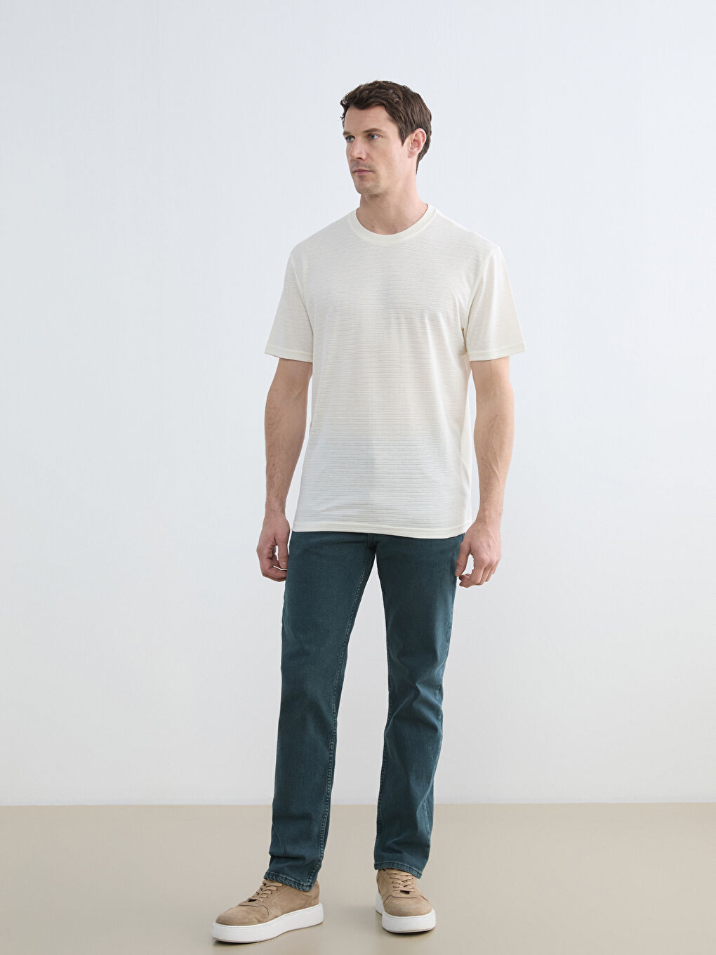 Ekru Bisiklet Yaka Penye Erkek Tişört-1