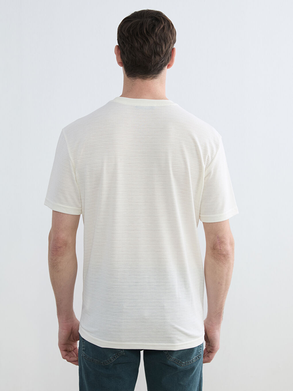 Ekru Bisiklet Yaka Penye Erkek Tişört-3