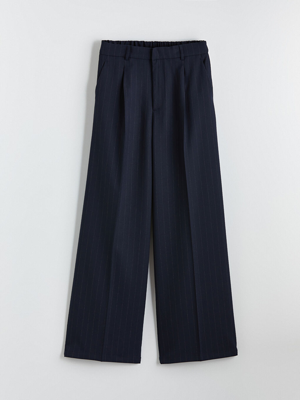 Lacivert Beli Lastikli Çizgili Kadın Pileli Pantolon