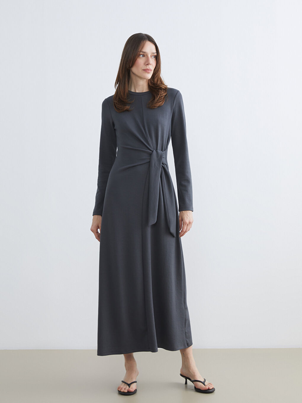 Gri Bisiklet Yaka Bağlamalı Elbise-1