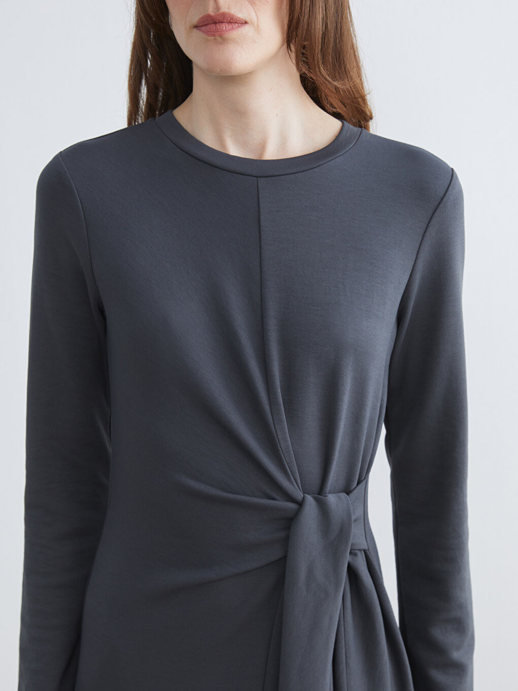 Gri Bisiklet Yaka Bağlamalı Elbise-2