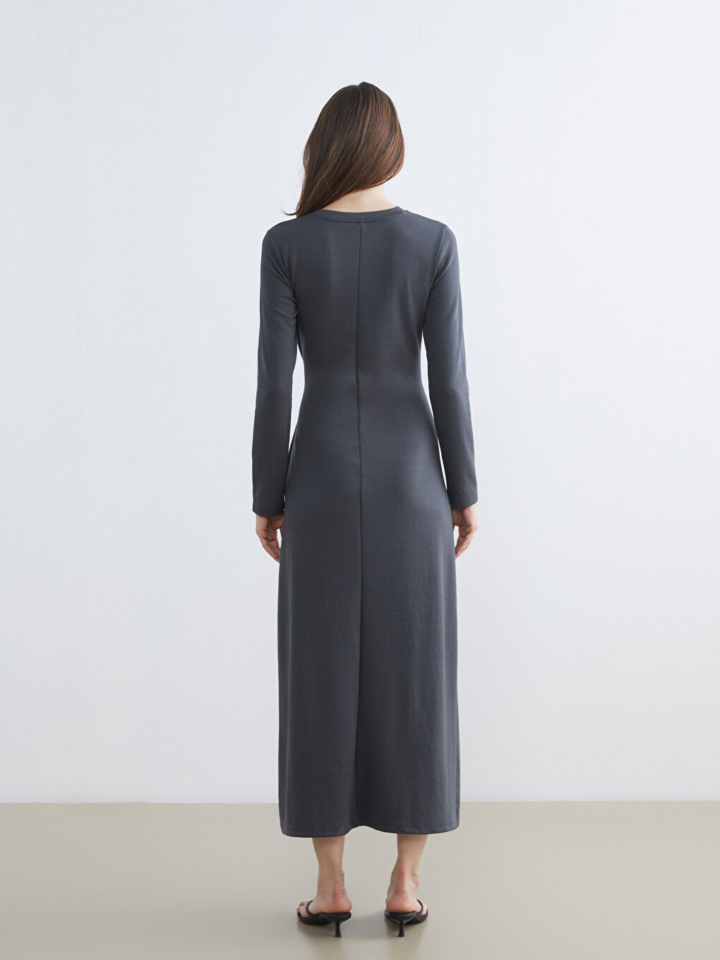 Gri Bisiklet Yaka Bağlamalı Elbise-3