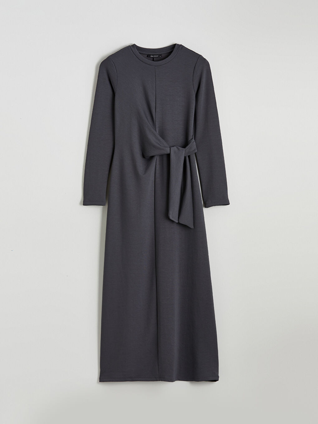 Gri Bisiklet Yaka Bağlamalı Elbise-4