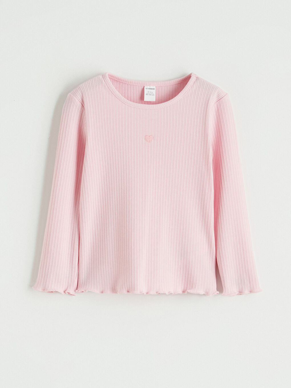 Pembe Bisiklet Yaka Kalp Nakışlı Kız Çocuk Tişört	