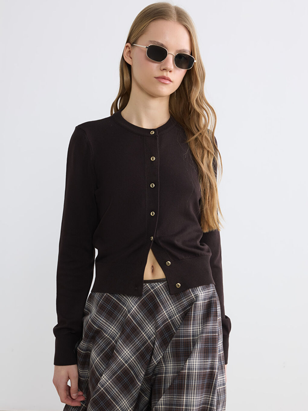 Kahverengi Bisiklet Yaka Fitilli Kadın Triko Hırka