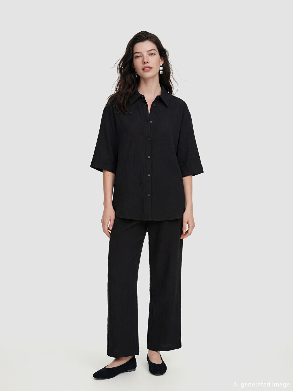 Siyah Dokulu Oversize Müslin Kadın Gömlek-1